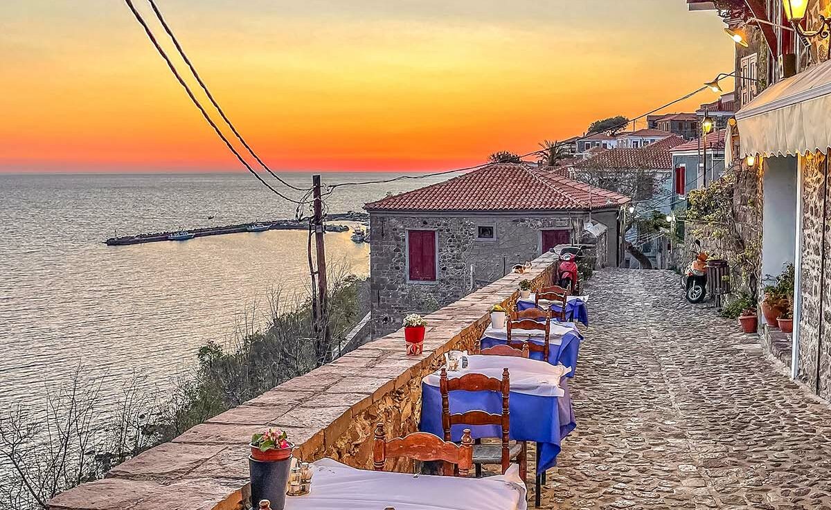 View of restaurant tables in Molyvos, Lesvos Island, Greece
