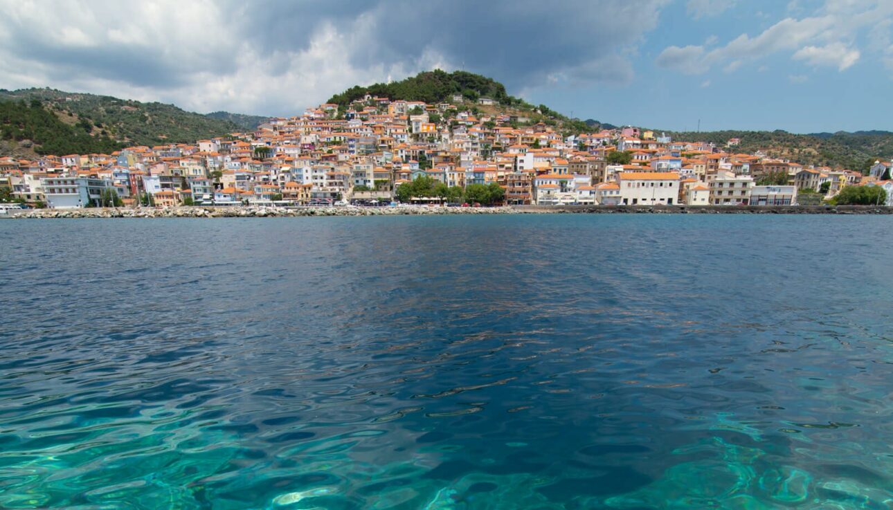 View of Plomari from the water in Lesvos, Greece
