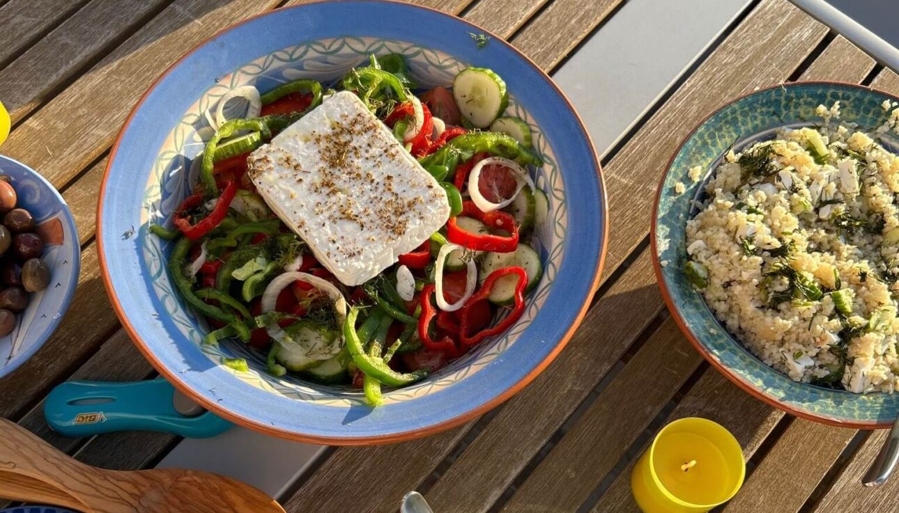 image of Greek meze including a feta salad in Lesvos, Greece